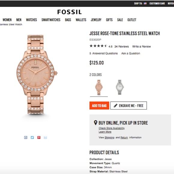 Jesse Rose-Tone Stainless Steel Fossil Watch - Picture 1 of 6
